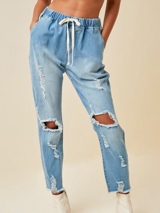 'Carissa' Distressed Drawstring Denim Jeans