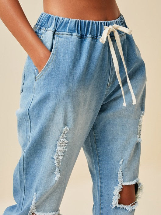 'Carissa' Distressed Drawstring Denim Jeans