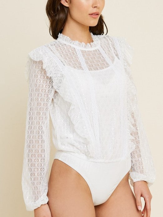'Alexa' Mock-Neck Ruffle Lace Bodysuit (White)