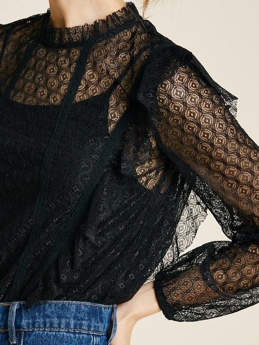'Alexa' Mock-Neck Ruffle Lace Bodysuit (Black)