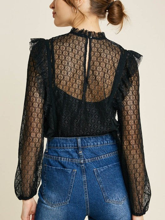 'Alexa' Mock-Neck Ruffle Lace Bodysuit (Black)